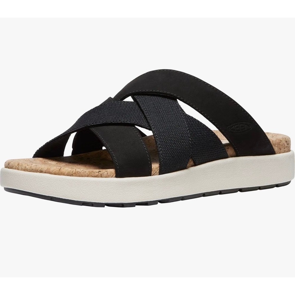 KEEN Elle City Slide Sandals Black Oiled Leather Cork Footbed Womens Platform